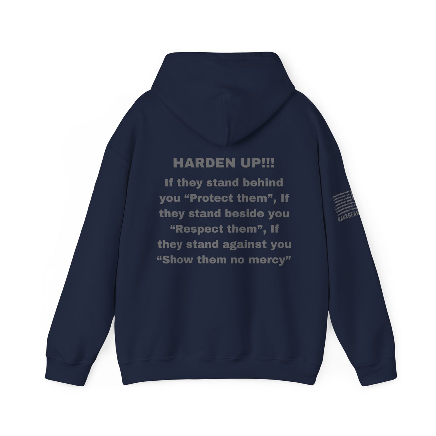 Rakkgear X Logo Harden Up Heavy Hoodie back of hoodie in navy blue