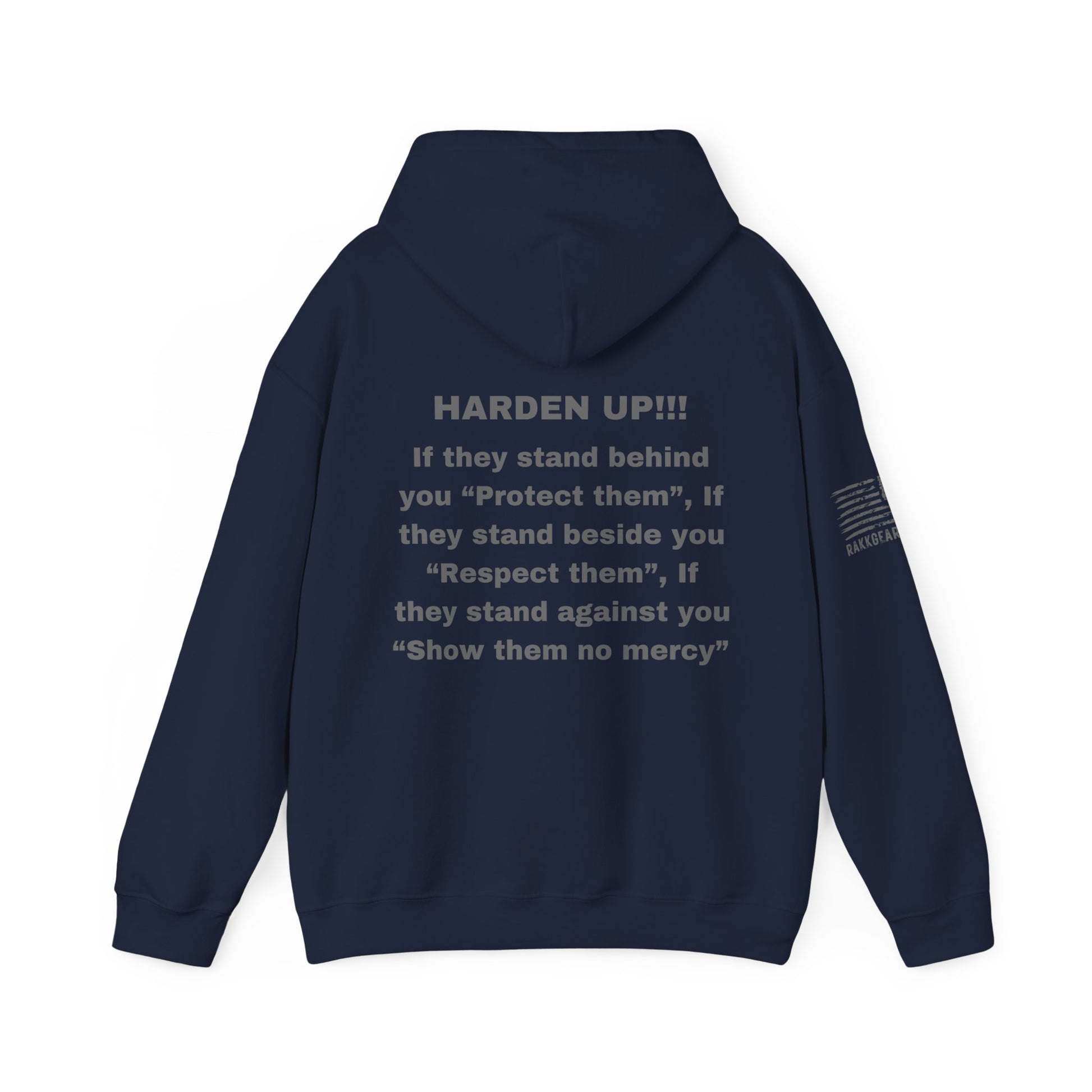 Rakkgear X Logo Harden Up Heavy Hoodie back of hoodie in navy blue