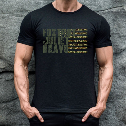 Rakkgear FJB Short Sleeve Tee in Black. Distressed Camo Flag with FJB 