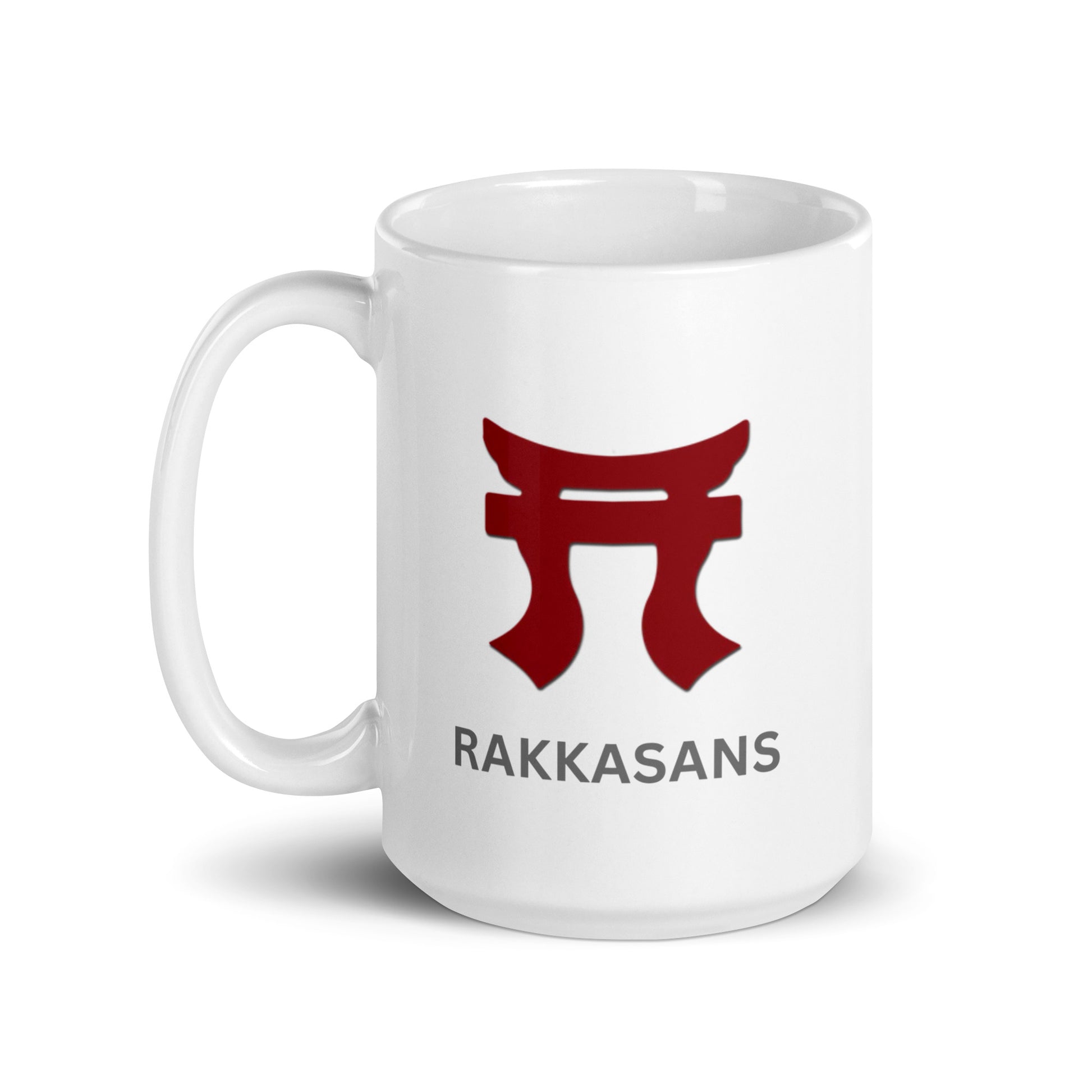 15 and 20oz White Coffee mugs with the Rakkasan Red Tori on each side of the mug