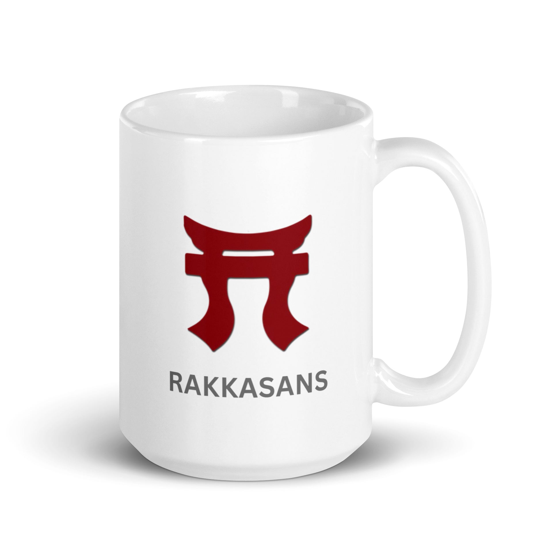 15 and 20oz White Coffee mugs with the Rakkasan Red Tori on each side of the mug