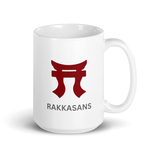 15 and 20oz White Coffee mugs with the Rakkasan Red Tori on each side of the mug