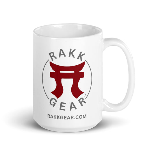 Rakkgear Glossy White Coffee Mug, available in 15 and 20oz sizes, perfect for enjoying your favorite beverages in style.
